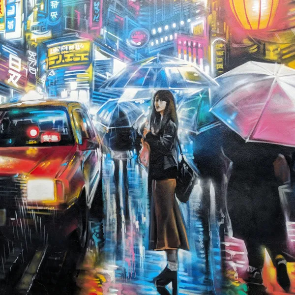 Woman with umbrella next to cab in a neon city