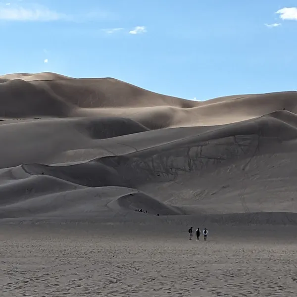 Trio walking toward dunes