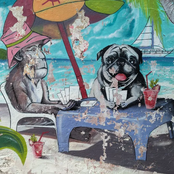 Mural of Pug, Monkey and Sailboat