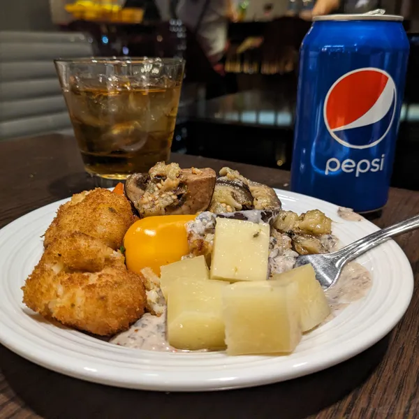 Eggplant, fried food, cheese, whiskey, pepsi.